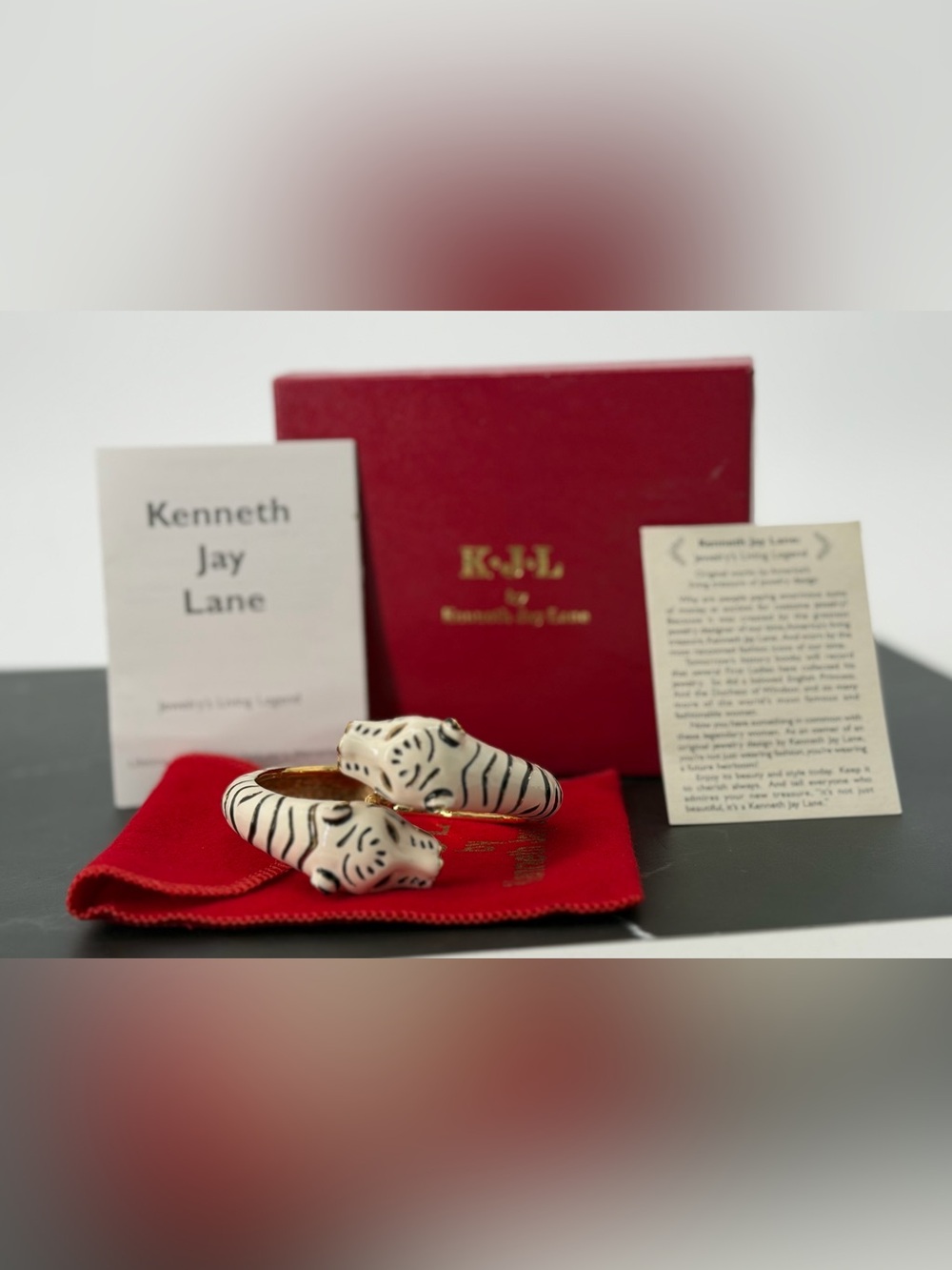 Vintage KJL Kenneth Jay Lane White Tiger Enamel Bangle Watch Box Papers